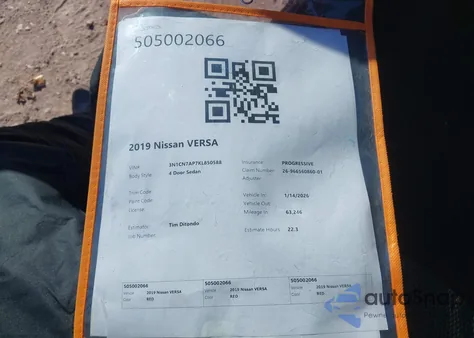 2019 Nissan Versa 1.6 Sv z USA, uszkodzony, nr VIN 3N1CN7AP7KL850588